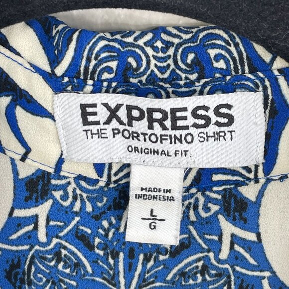 Express Portofino Shirt Womens Large Blue White Original Roll Tab Sleeve Blouse - Picture 3 of 8